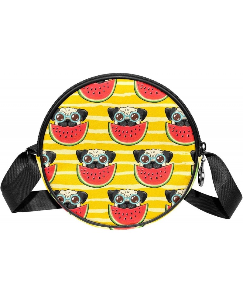 Cute Puppy Eat Watermelon Crossbody Bag for Women Teen Girls Round Canvas Shoulder Bag Purse Tote Handbag Bag $11.96 Totes