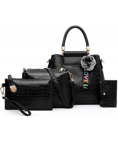 4-PC Women Fashion Handbag PU Leather Tote Pendant Shoulder Bag Crocodile Pattern Top Handle Satchel Ladies Purse Set Black $...