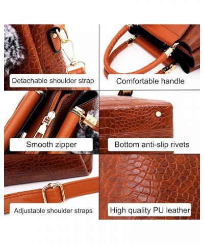 4-PC Women Fashion Handbag PU Leather Tote Pendant Shoulder Bag Crocodile Pattern Top Handle Satchel Ladies Purse Set Black $...