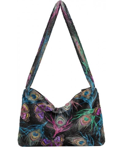 Cats Hearts Women's Hobo Bag, Furry Tote Women Single Shoulder Bag Colorful Peacock Feathers Flying Butterflies Embroidery $1...