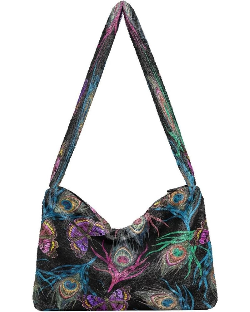 Cats Hearts Women's Hobo Bag, Furry Tote Women Single Shoulder Bag Colorful Peacock Feathers Flying Butterflies Embroidery $1...