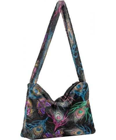 Cats Hearts Women's Hobo Bag, Furry Tote Women Single Shoulder Bag Colorful Peacock Feathers Flying Butterflies Embroidery $1...