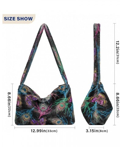 Cats Hearts Women's Hobo Bag, Furry Tote Women Single Shoulder Bag Colorful Peacock Feathers Flying Butterflies Embroidery $1...