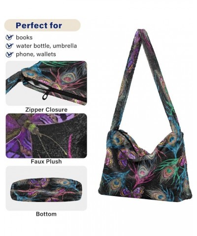 Cats Hearts Women's Hobo Bag, Furry Tote Women Single Shoulder Bag Colorful Peacock Feathers Flying Butterflies Embroidery $1...