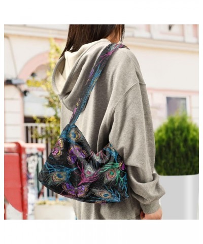 Cats Hearts Women's Hobo Bag, Furry Tote Women Single Shoulder Bag Colorful Peacock Feathers Flying Butterflies Embroidery $1...