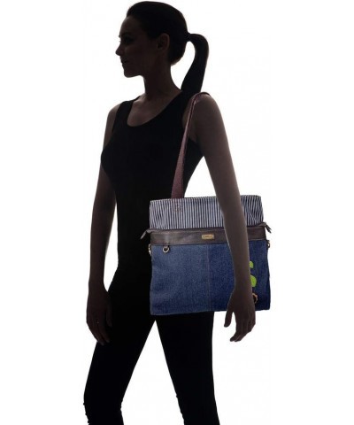 Denim Convertible Stripe Work Tote in Navy Blue (Coin Purse_ Daisy) $22.20 Totes