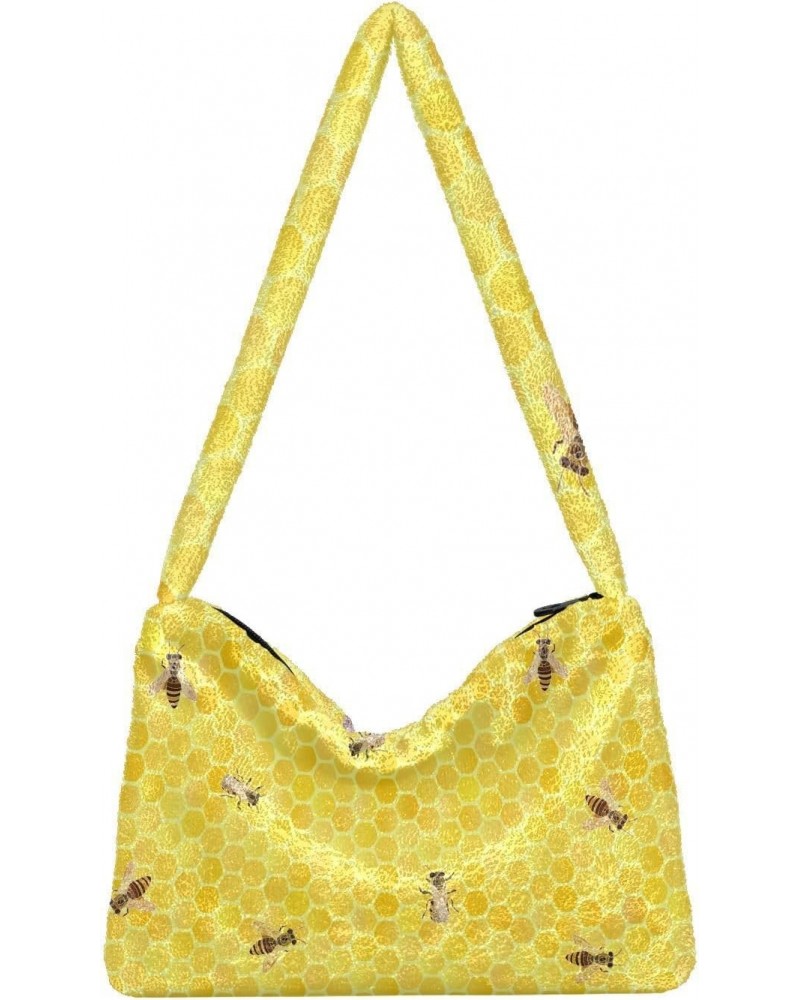 Bees on Yellow Honeycomb Furry Tote Bag for Women Crossbody Bag Shoulder Purse Handbag Going Out Purse with Zipper for Women ...