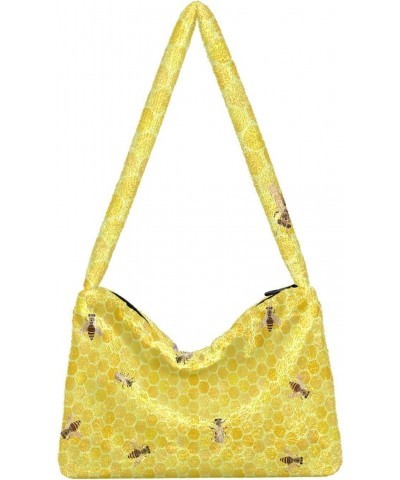 Bees on Yellow Honeycomb Furry Tote Bag for Women Crossbody Bag Shoulder Purse Handbag Going Out Purse with Zipper for Women ...