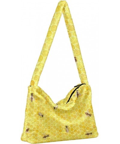 Bees on Yellow Honeycomb Furry Tote Bag for Women Crossbody Bag Shoulder Purse Handbag Going Out Purse with Zipper for Women ...