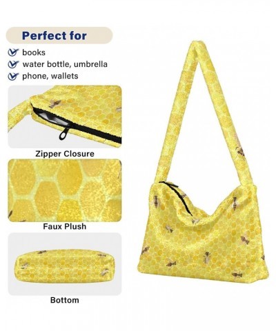 Bees on Yellow Honeycomb Furry Tote Bag for Women Crossbody Bag Shoulder Purse Handbag Going Out Purse with Zipper for Women ...