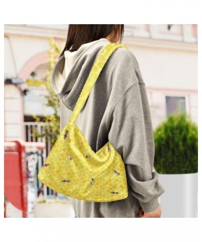 Bees on Yellow Honeycomb Furry Tote Bag for Women Crossbody Bag Shoulder Purse Handbag Going Out Purse with Zipper for Women ...