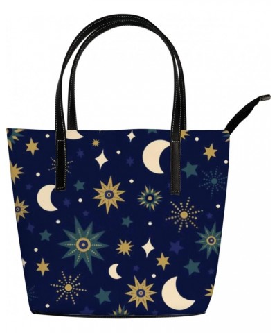 Retro Navy Blue Moon and Stars Pattern Tote Bag for Women Leather Handbags Women's Crossbody Handbags Work Tote Bags for Wome...