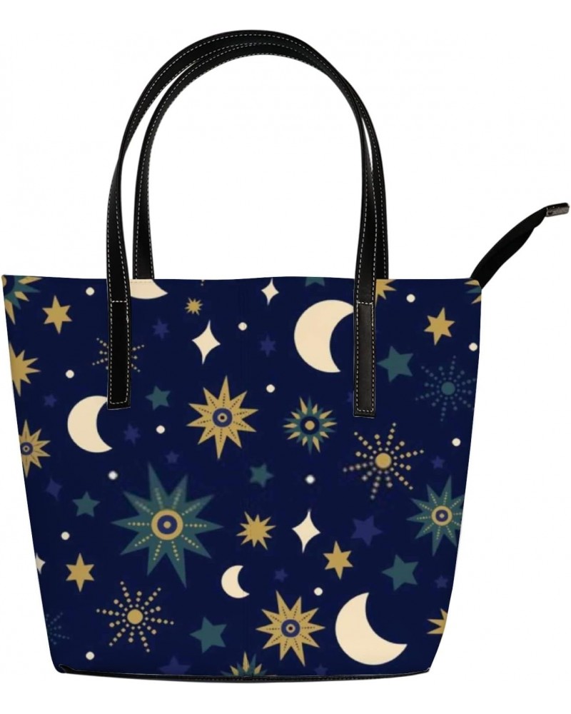 Retro Navy Blue Moon and Stars Pattern Tote Bag for Women Leather Handbags Women's Crossbody Handbags Work Tote Bags for Wome...