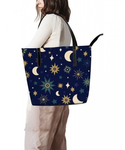 Retro Navy Blue Moon and Stars Pattern Tote Bag for Women Leather Handbags Women's Crossbody Handbags Work Tote Bags for Wome...