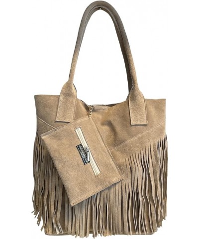 Ladies Genuine Suede Leather Fringe Shopper Bag Plus Same Color Jewelry Pouch - Handbag - Shoulder Bag Light Taupe $72.45 Sho...