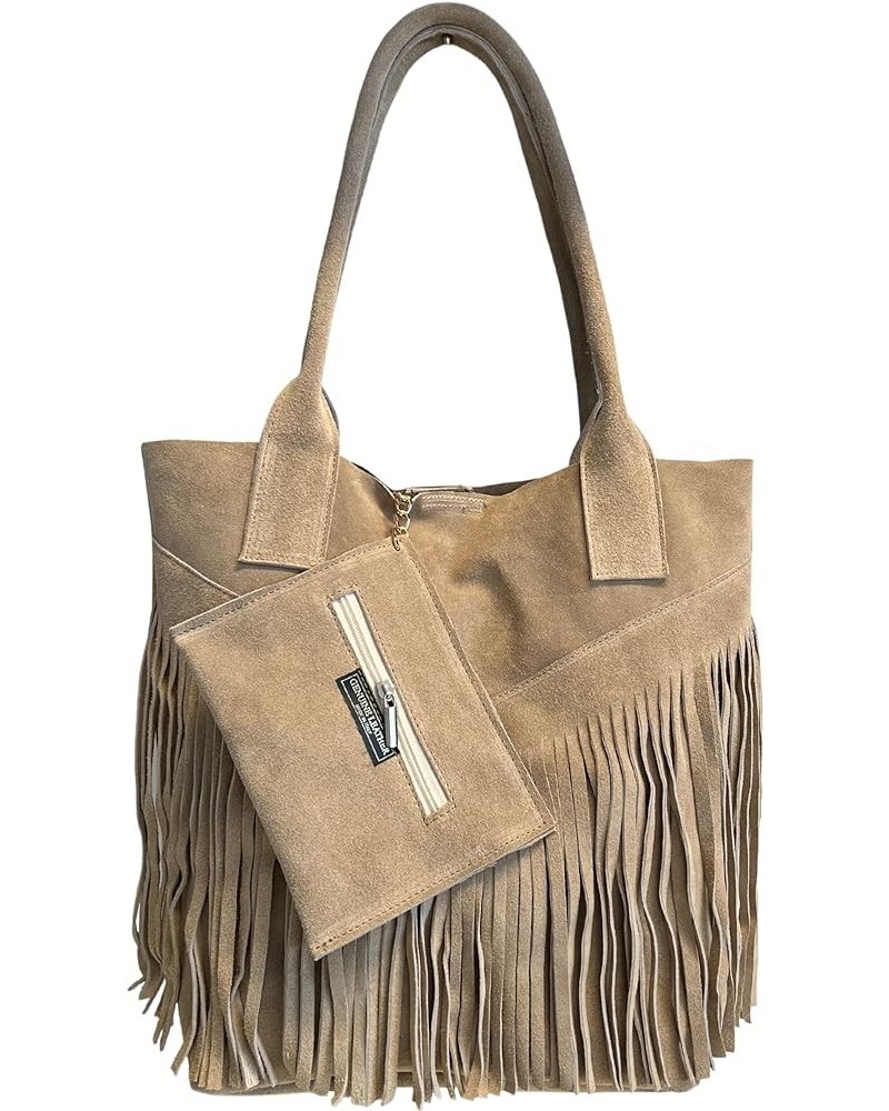 Ladies Genuine Suede Leather Fringe Shopper Bag Plus Same Color Jewelry Pouch - Handbag - Shoulder Bag Light Taupe $72.45 Sho...