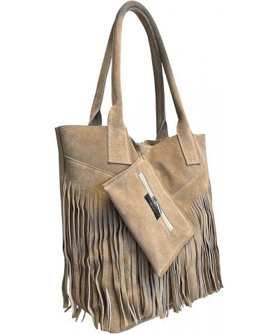 Ladies Genuine Suede Leather Fringe Shopper Bag Plus Same Color Jewelry Pouch - Handbag - Shoulder Bag Light Taupe $72.45 Sho...