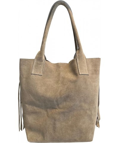 Ladies Genuine Suede Leather Fringe Shopper Bag Plus Same Color Jewelry Pouch - Handbag - Shoulder Bag Light Taupe $72.45 Sho...