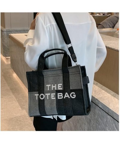 Women Canvas Tote Bag Splicing Denim Handbag Large Capacity Trendy Crossbody Bags with Zippe Black $19.37 Shoulder Bags