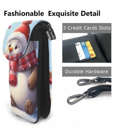 women Small Cell Phone Purse Cartoon Cute Animals with Snowman picture Soft, durable and waterproof PU leather Convenient for...