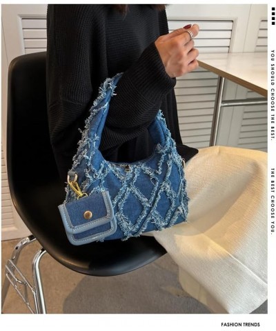 Y2k Purse Women Shoulder Bags Quilted Distressed Jean Denim Purse Evening Bag Clutch Handbag Jeans Bag (light blue) Dark Blue...