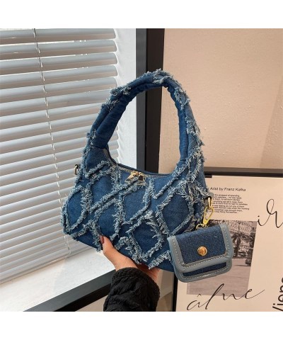 Y2k Purse Women Shoulder Bags Quilted Distressed Jean Denim Purse Evening Bag Clutch Handbag Jeans Bag (light blue) Dark Blue...