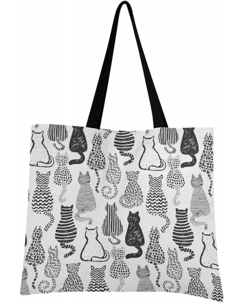 Large Canvas Tote Bag Aesthetic for Women Line Sketch Cats Print with Inner Pocket, Big Storage Shoulder Bag Grocery Bag Purs...