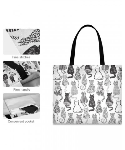 Large Canvas Tote Bag Aesthetic for Women Line Sketch Cats Print with Inner Pocket, Big Storage Shoulder Bag Grocery Bag Purs...