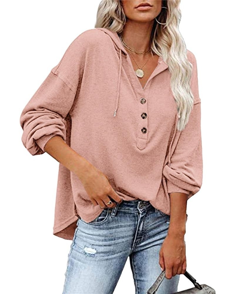 Women's Button Collar Casual Loose Hoodies Fall Clothes Lightweight Pullover Tops Solid Color Hooded Sweatshirt Pink $9.71 Cl...