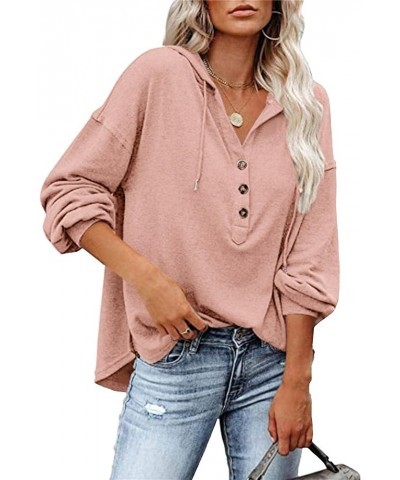 Women's Button Collar Casual Loose Hoodies Fall Clothes Lightweight Pullover Tops Solid Color Hooded Sweatshirt Pink $9.71 Cl...