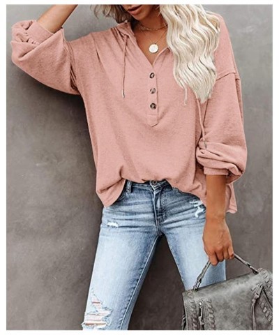 Women's Button Collar Casual Loose Hoodies Fall Clothes Lightweight Pullover Tops Solid Color Hooded Sweatshirt Pink $9.71 Cl...