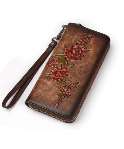 Womens Genuine Leather Wallets Vintage Embossing Cowhide Handmade Zip Around Purse Phone Case (Black) Brown $24.17 Wallets