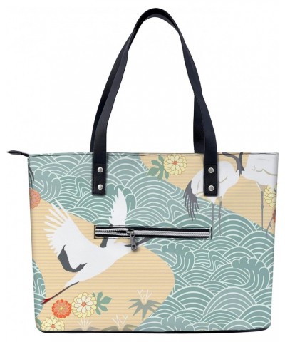 NIxux Japanese Crane Pattern Tote Bag Lightweight Handbag for Shopping Gym Hiking Travel Yoga Shoulder Bag with Outside Zippe...