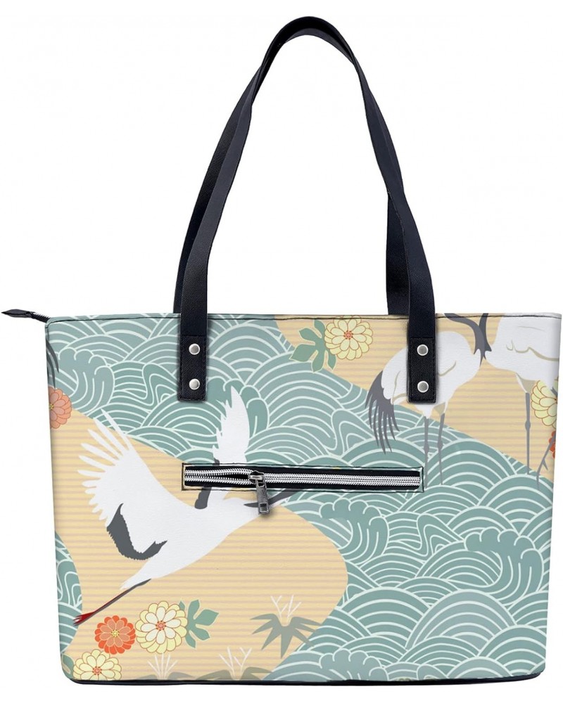 NIxux Japanese Crane Pattern Tote Bag Lightweight Handbag for Shopping Gym Hiking Travel Yoga Shoulder Bag with Outside Zippe...