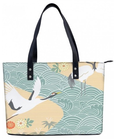 NIxux Japanese Crane Pattern Tote Bag Lightweight Handbag for Shopping Gym Hiking Travel Yoga Shoulder Bag with Outside Zippe...