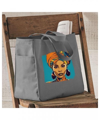 African Woman Art Tote Bag with Pocket - Friend Bags - Gift for Her Gray $19.19 Totes