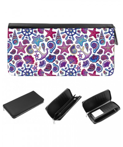 Women's Zip Around Wallet and Phone Clutch - RFID Blocking with Card Holder Organizer - Hand draw pattern with ocean shells s...