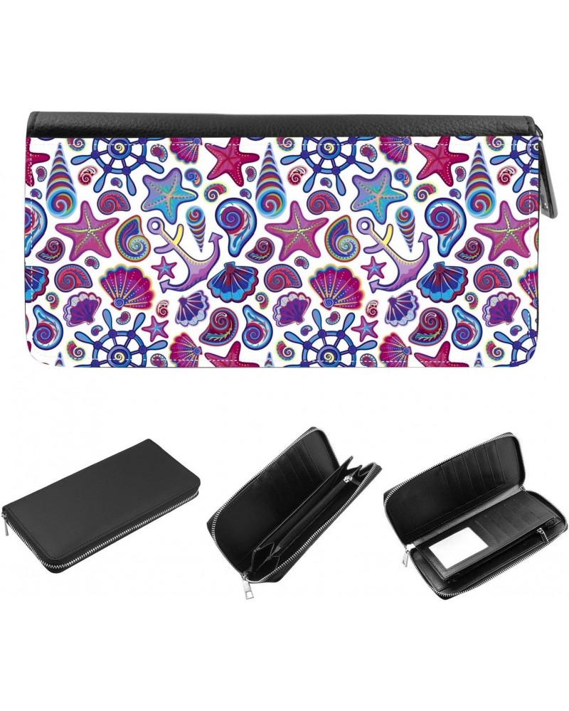 Women's Zip Around Wallet and Phone Clutch - RFID Blocking with Card Holder Organizer - Hand draw pattern with ocean shells s...