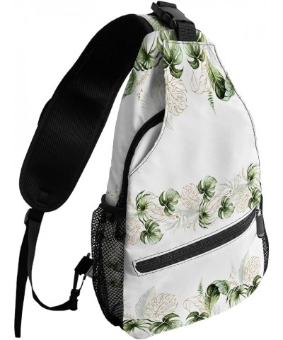 Sling Backpack, Watercolor Green Tropical Plants Palm Plantain Turtle Leaf Vintage Waterproof Lightweight Small Sling Bag, Tr...