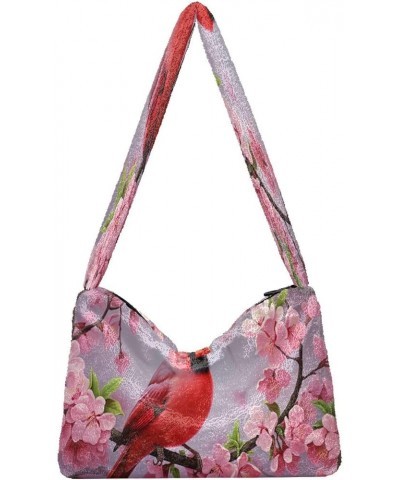 Green Leaves Modern Ladies Shoulder Handbags, Shoulder Tote Bag for Women, Autumn Handbags Red Bird on Branch of Pink Blossom...