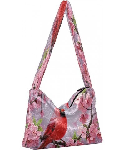 Green Leaves Modern Ladies Shoulder Handbags, Shoulder Tote Bag for Women, Autumn Handbags Red Bird on Branch of Pink Blossom...