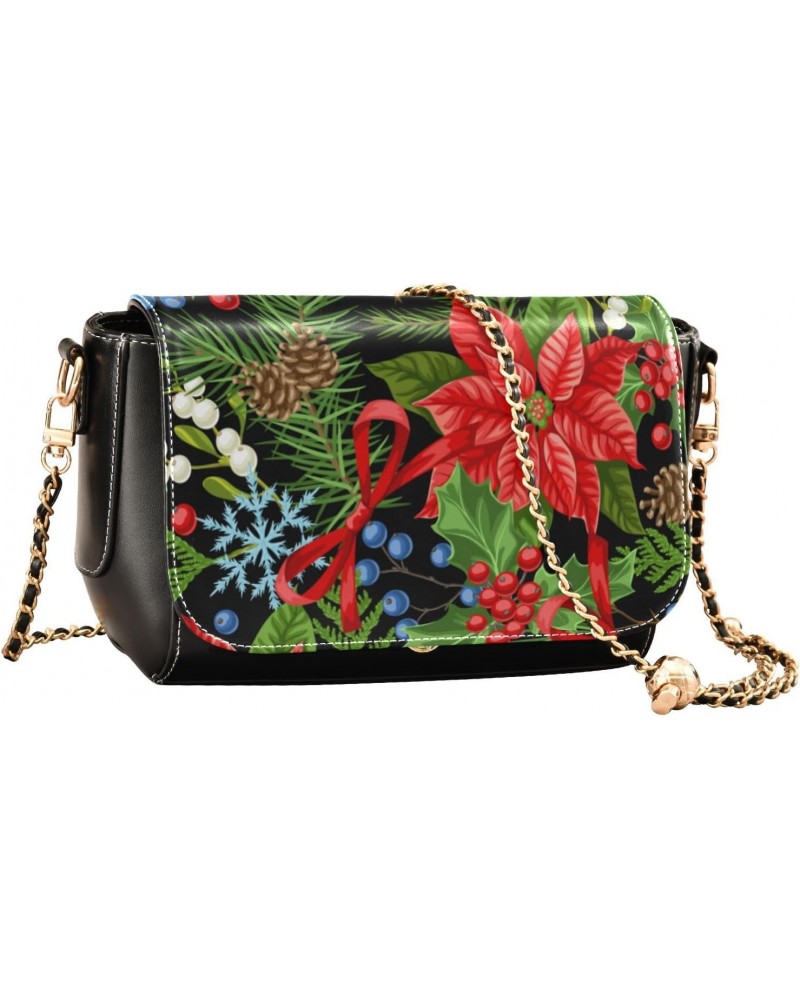 Christmas Crossbody Handbag Holly Leaves Flower Cute Berry Snowflake PU Leather Shoulder Bag Sturdy Travel Pouch Compact Chic...