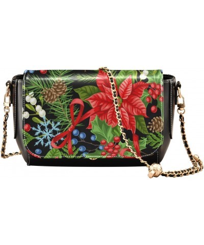 Christmas Crossbody Handbag Holly Leaves Flower Cute Berry Snowflake PU Leather Shoulder Bag Sturdy Travel Pouch Compact Chic...