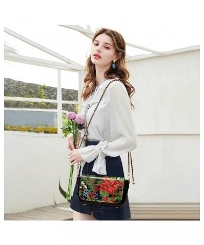 Christmas Crossbody Handbag Holly Leaves Flower Cute Berry Snowflake PU Leather Shoulder Bag Sturdy Travel Pouch Compact Chic...