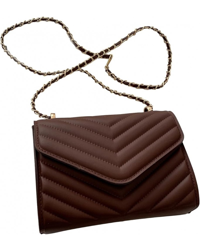 Women's PU Leather Chevron Flap Crossbody Bag Casual Lightweight Chain Mini Shoulder Bags Brown $18.69 Shoulder Bags