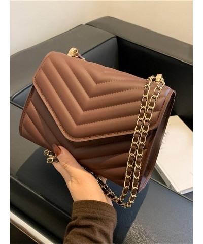 Women's PU Leather Chevron Flap Crossbody Bag Casual Lightweight Chain Mini Shoulder Bags Brown $18.69 Shoulder Bags