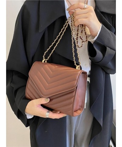 Women's PU Leather Chevron Flap Crossbody Bag Casual Lightweight Chain Mini Shoulder Bags Brown $18.69 Shoulder Bags