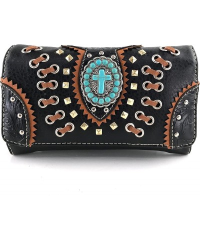 Floral Tooled Embroidered Western Turquoise Stone Cross Conceal Carry Handbag Purse Black Wallet Only $17.13 Shoulder Bags