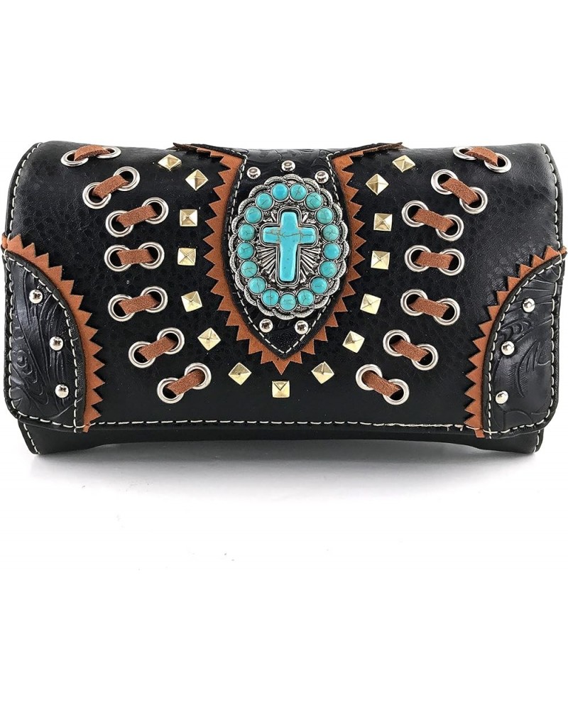 Floral Tooled Embroidered Western Turquoise Stone Cross Conceal Carry Handbag Purse Black Wallet Only $17.13 Shoulder Bags