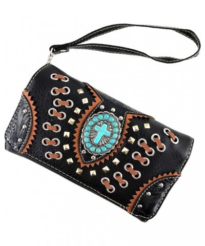 Floral Tooled Embroidered Western Turquoise Stone Cross Conceal Carry Handbag Purse Black Wallet Only $17.13 Shoulder Bags